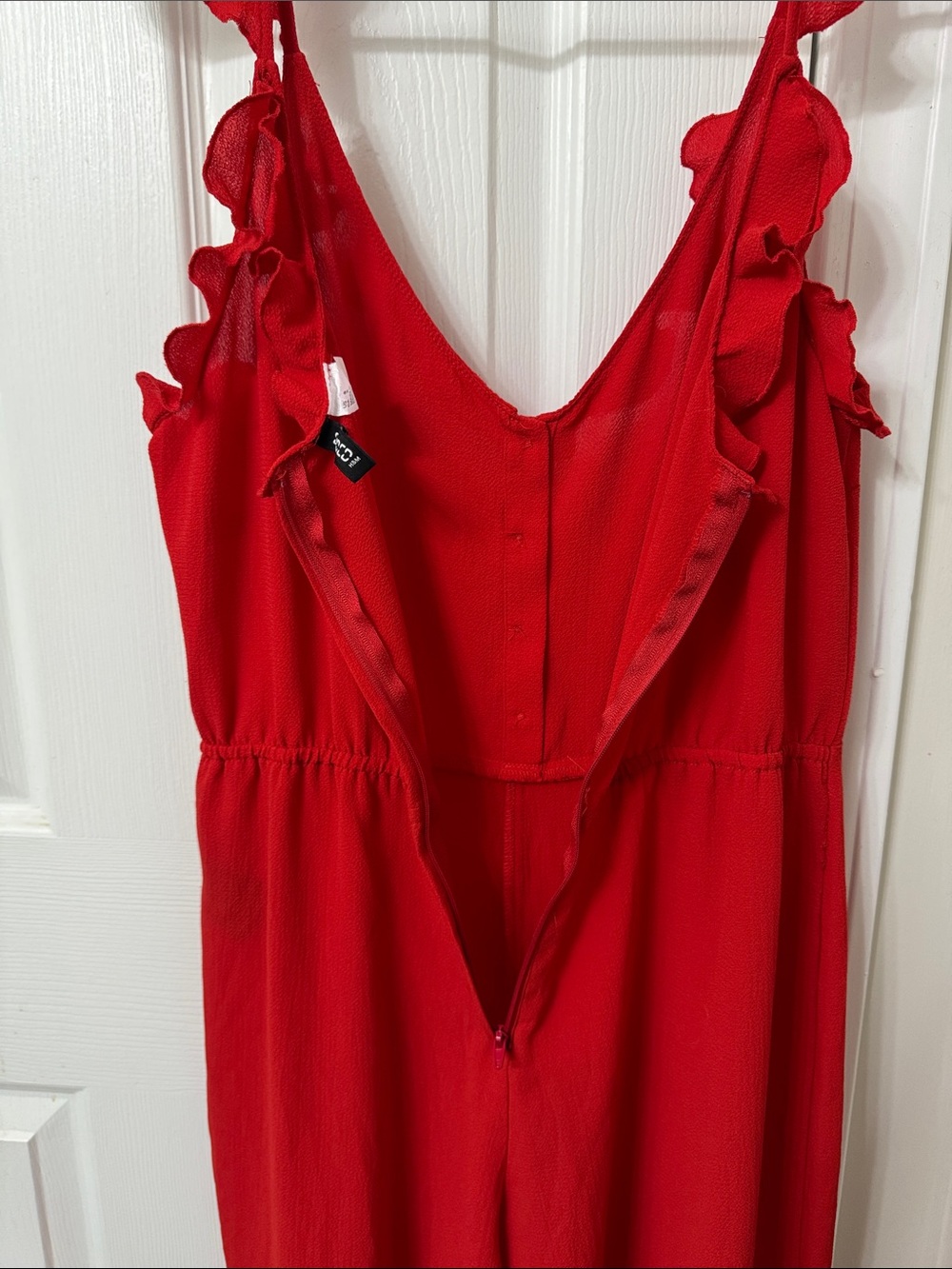 Divided Red Ruffle Strap Jumpsuit - Picture 6 of 8